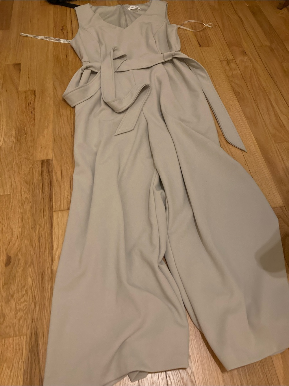 Calvin Klein Sleeveless Wide-Leg Jumpsuit with Tie in Light Gray